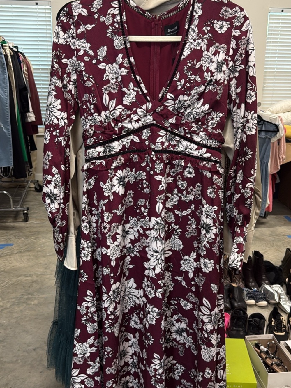 Bardot Burgundy and White Floral Long Sleeve Maxi Dress